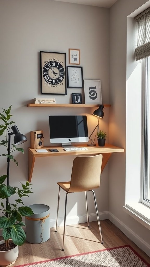 A cozy wall-mounted desk setup with a computer, a plant, and decorative items.