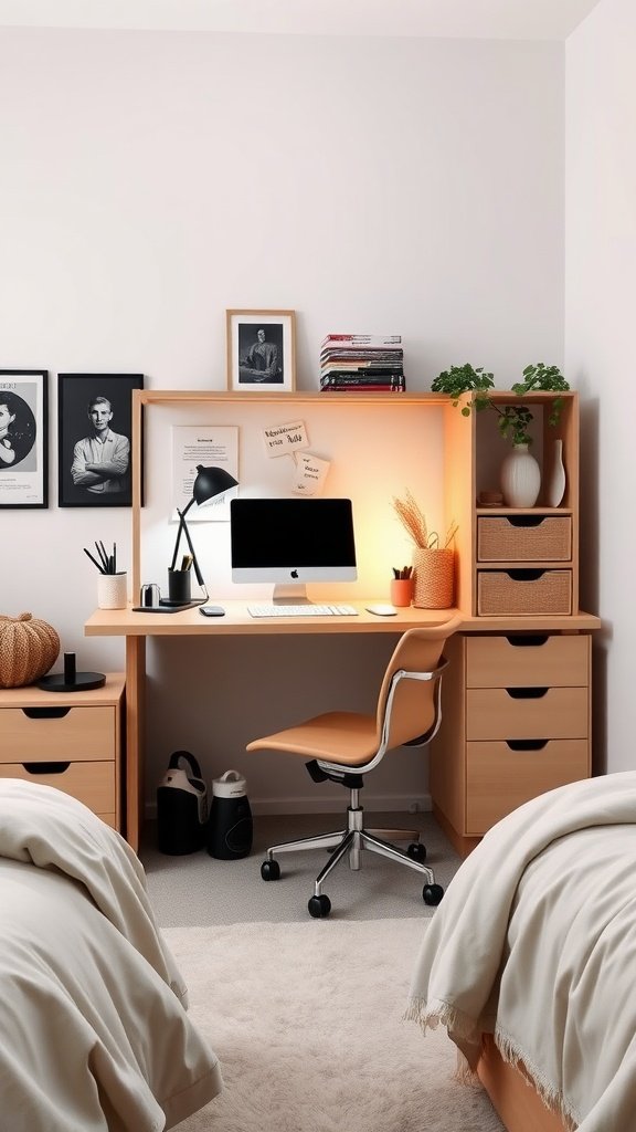 Cozy bedroom with a functional workspace featuring a desk, plant, and decorative items.