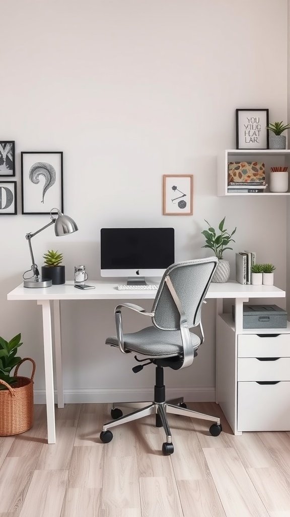 A stylish and cozy feminine home office with a clean desk, computer, and decorative plants.