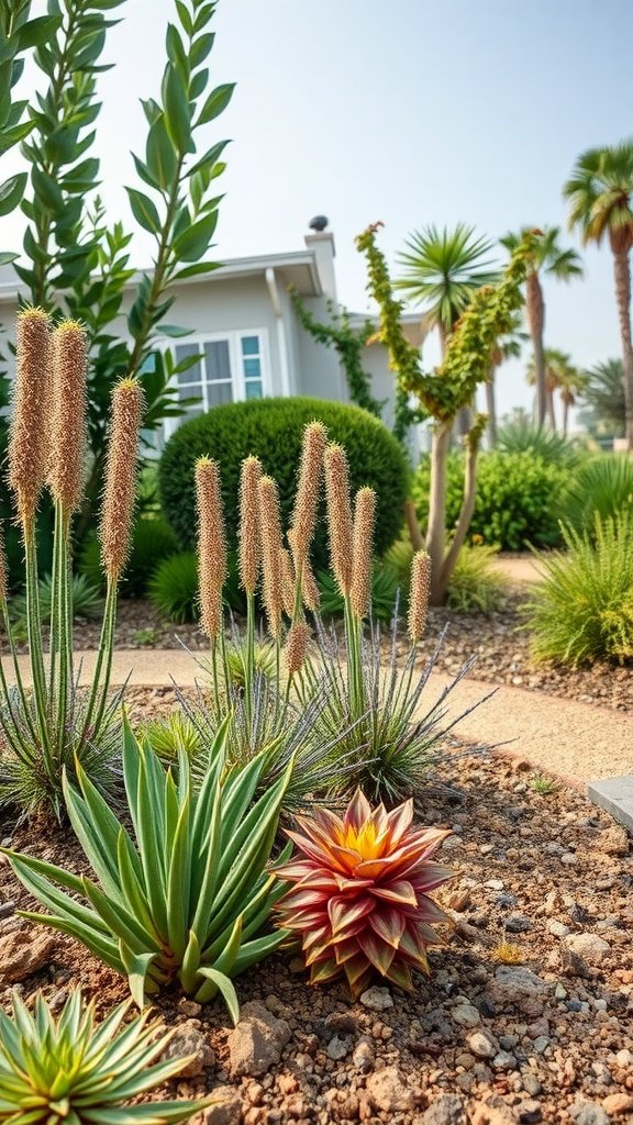 A low-maintenance garden featuring agave plants and a decorative 'LOVE' sign.