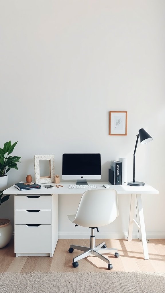 Minimalist home office setup with a desk, chair, and computer.