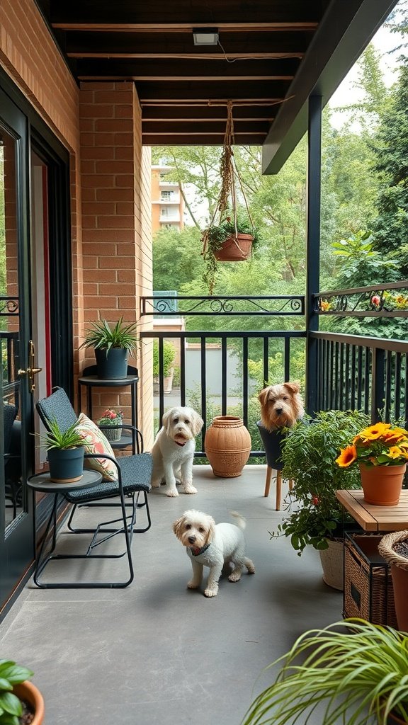 A cozy pet-friendly balcony with three dogs, plants, and comfortable seating.