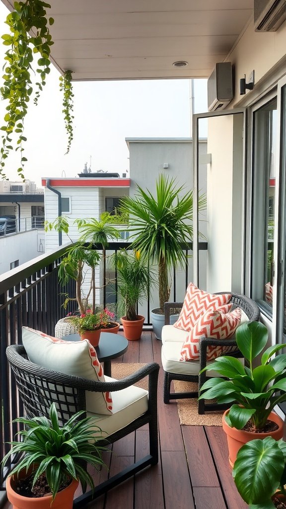 A stylish apartment balcony with comfortable seating and various plants.