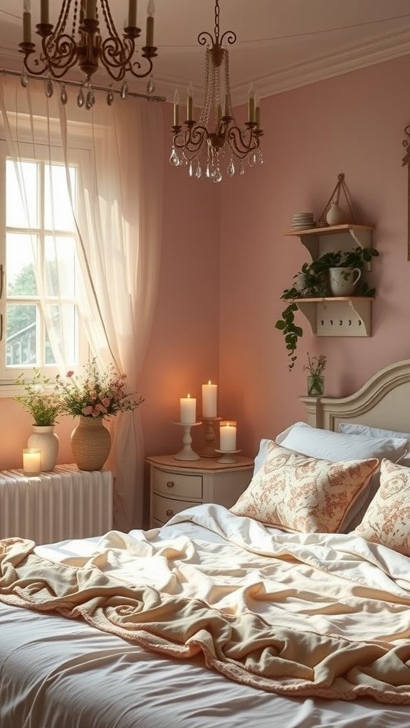A cozy and romantic bedroom with soft lighting, blush pink walls, and decorative pillows.