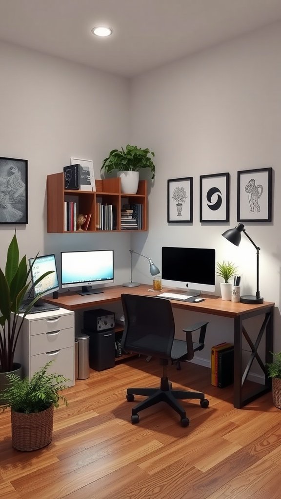 A cozy small home office setup with two desks, plants, and decor.