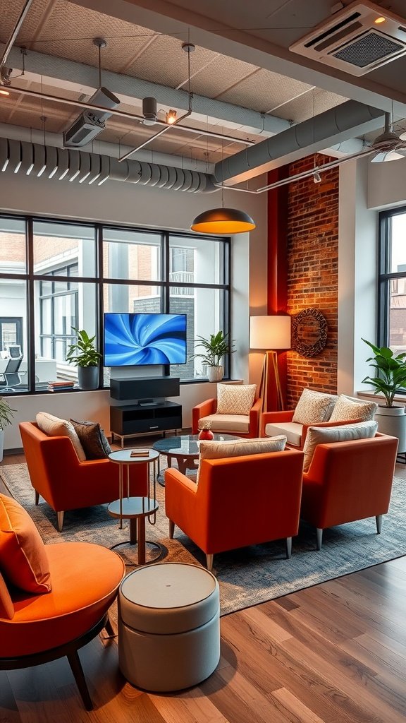 A cozy office area in a living room with a computer desk and comfortable seating.