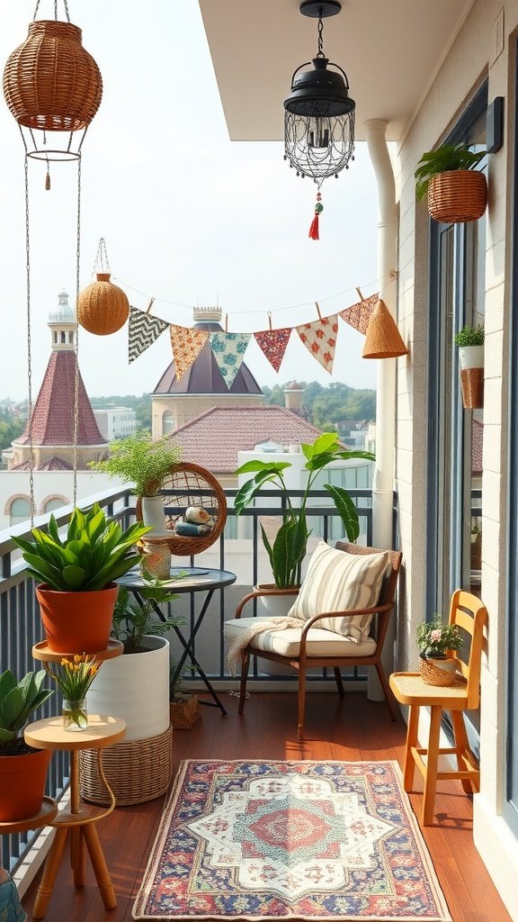A beautifully decorated balcony with plants, furniture, and decorative elements.