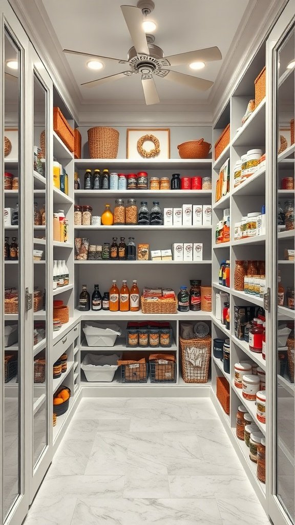 A beautifully organized walk-in pantry featuring shelves with various food items and wicker baskets.