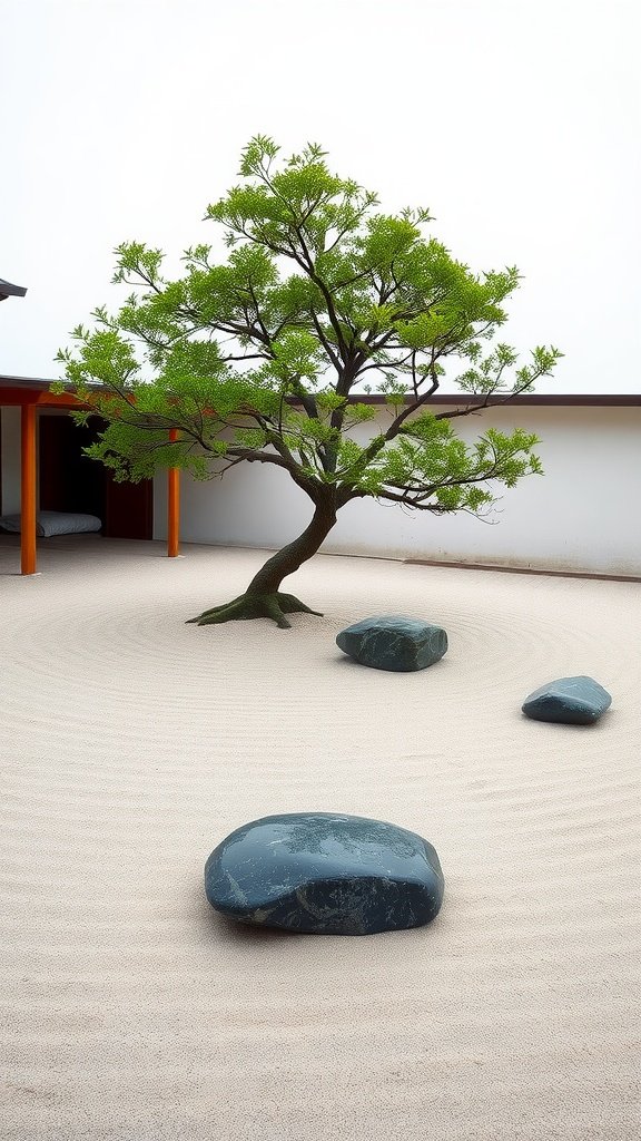 A serene Zen garden featuring a tree and smooth stones.