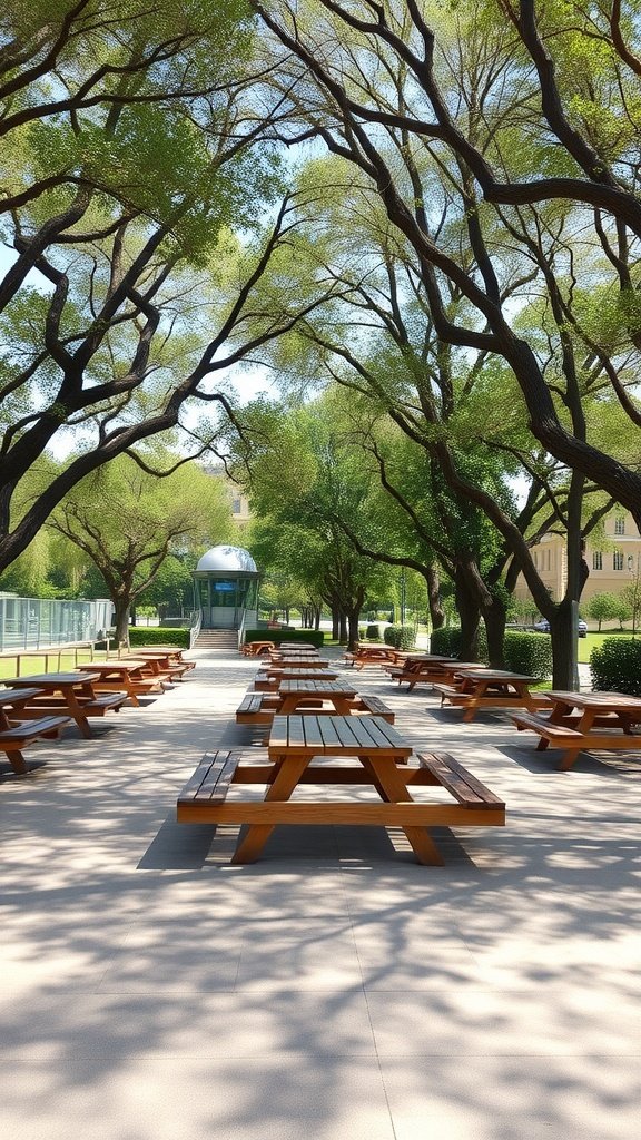 Outdoor gathering space with wooden picnic tables under green trees.