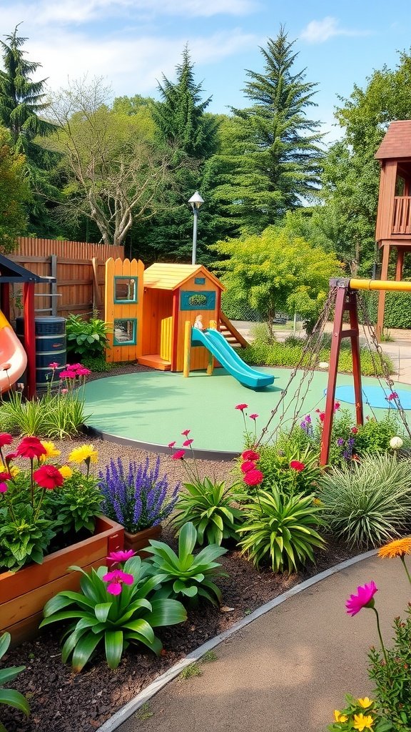 A colorful outdoor play area featuring a slide, swing set, and lush greenery.