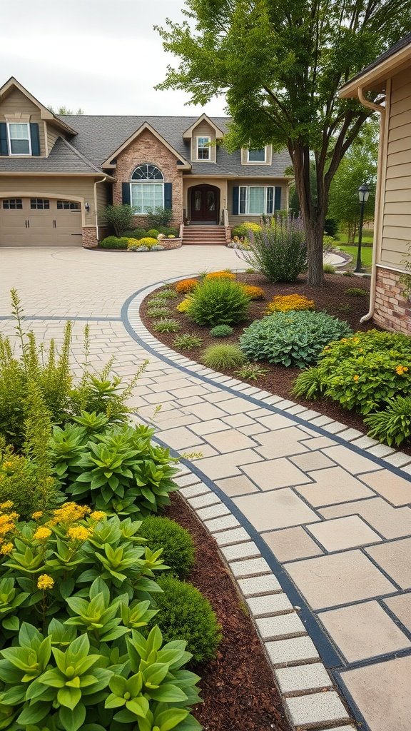 A landscaped driveway leading to a beautiful home, showcasing trees and a well-maintained path.