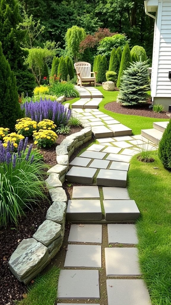 Beautifully landscaped garden with paths and colorful flower beds.