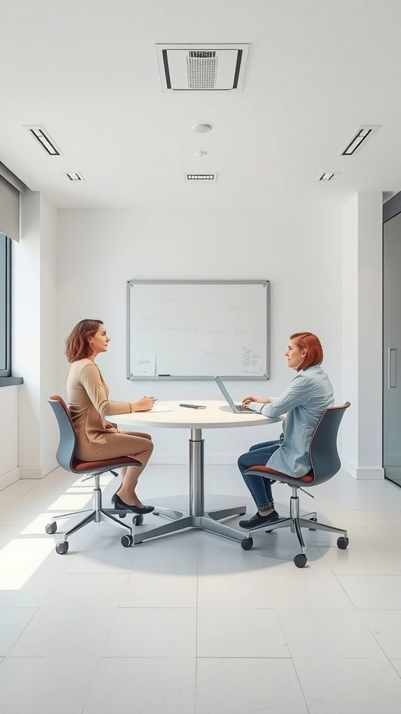 Two individuals collaborating in a bright, modern office space with a round table.