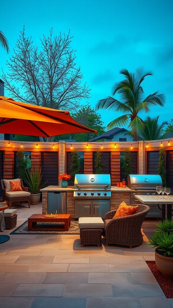A stylish outdoor kitchen with a grill, seating area, and warm lighting.