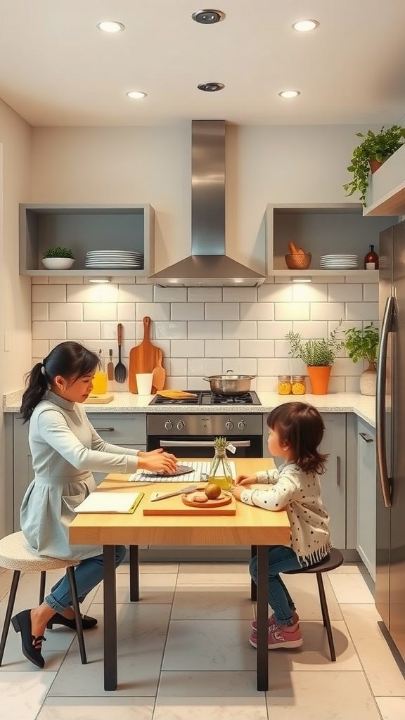 A mother and daughter working together in a cozy kitchen.