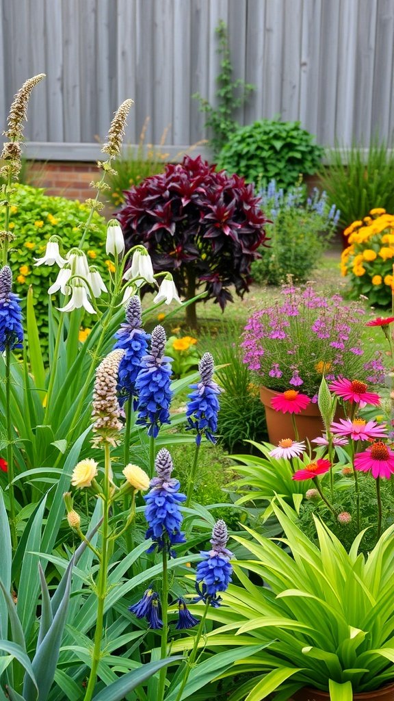 A vibrant garden with colorful flowers and lush greenery.