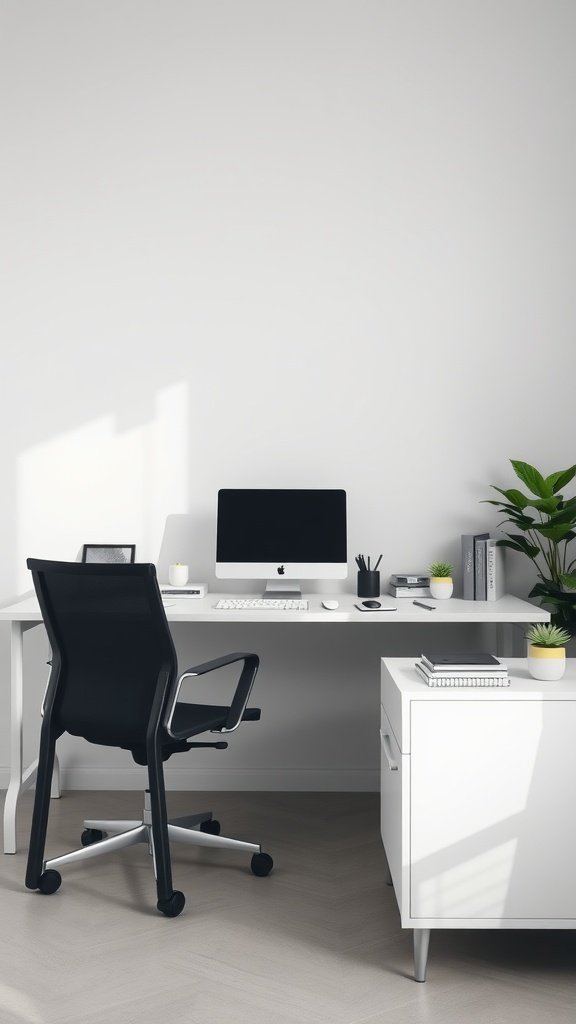 A modern, minimalistic home office setup featuring a black chair, white desk, computer, and plants.
