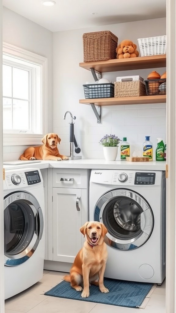 A cozy laundry room featuring washing machines, a dog resting on the floor, and another dog on the counter, showcasing a pet-friendly design.