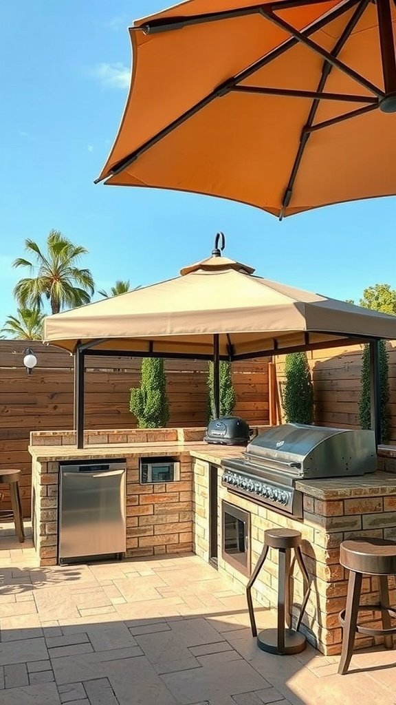 A stylish outdoor kitchen area featuring a grill, a small refrigerator, and a large umbrella for shade.