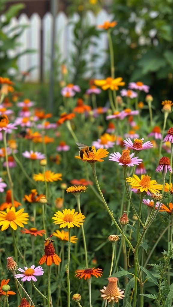 A colorful flower garden with various flowers attracting pollinators.
