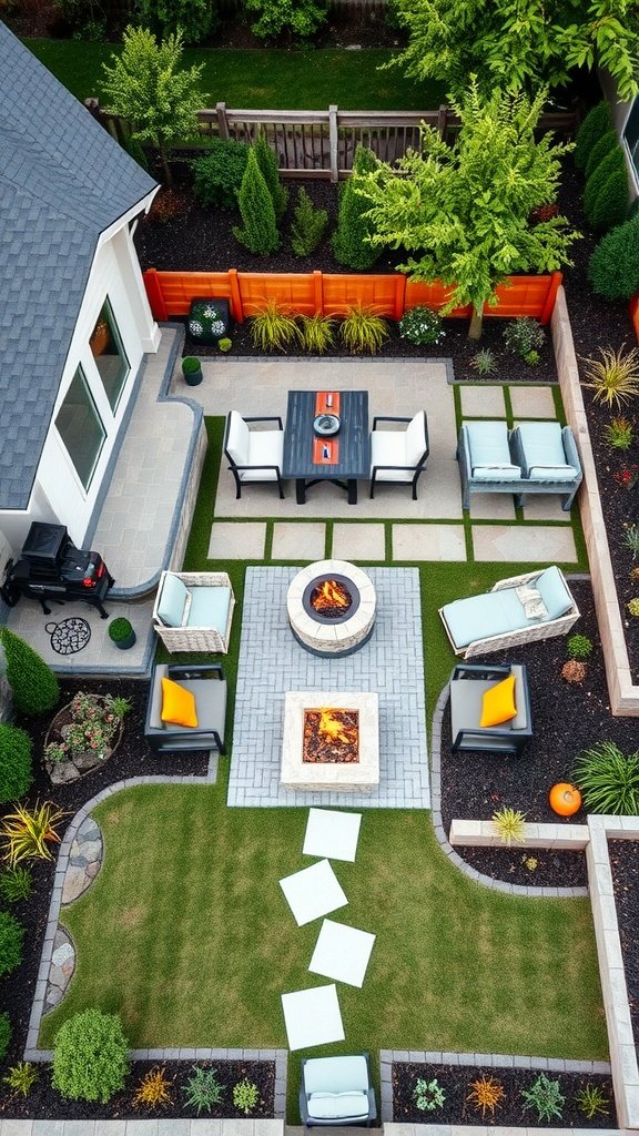 A stylish outdoor space featuring a fire pit, seating area, and landscaped garden.