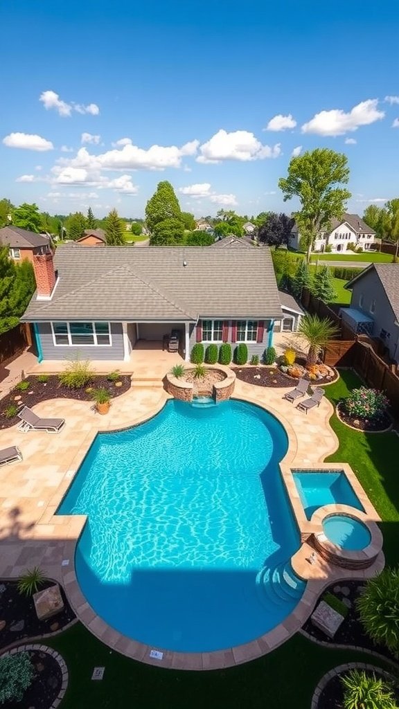 Illustration of a backyard pool area with a modern design and lush green trees.
