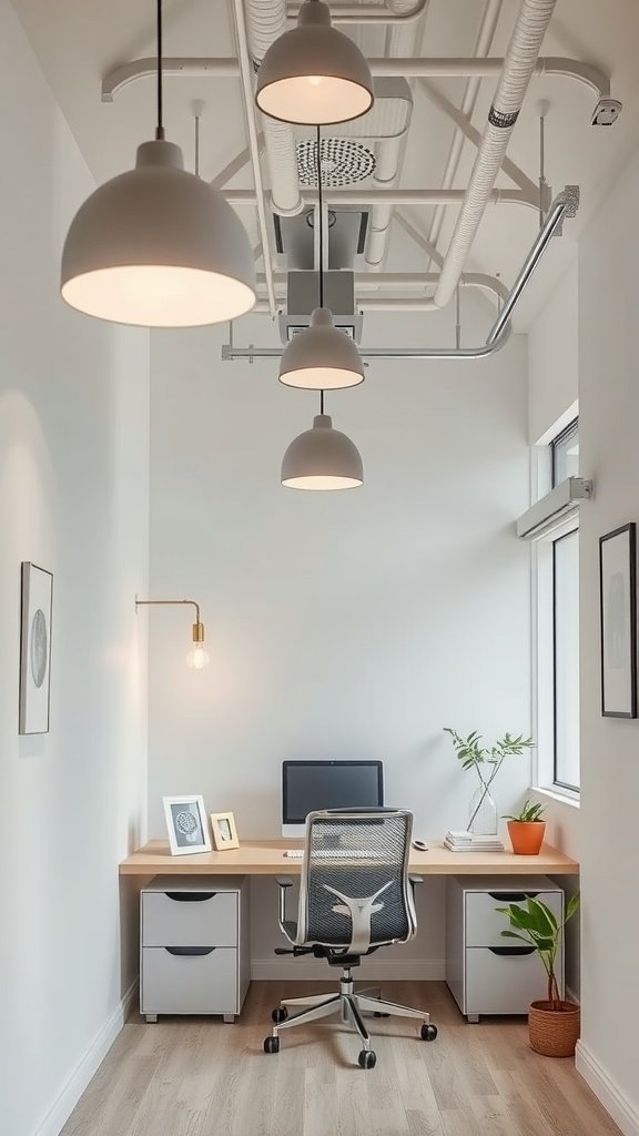 A cozy small office setup with aesthetic lighting and a modern desk.