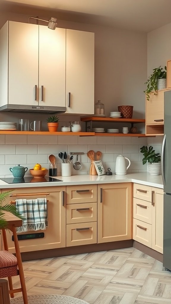 A modern kitchen layout featuring cabinets, counters, and organized pantry.