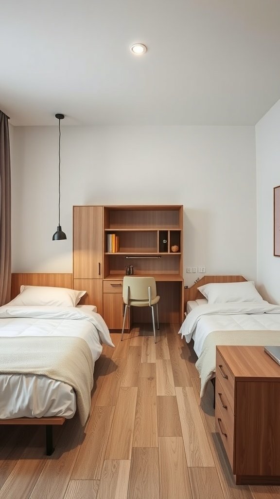 A cozy bedroom with two beds and multi-functional furniture.