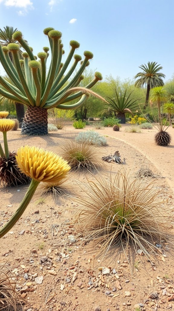 A scenic dry garden featuring unique native plants and desert landscaping.
