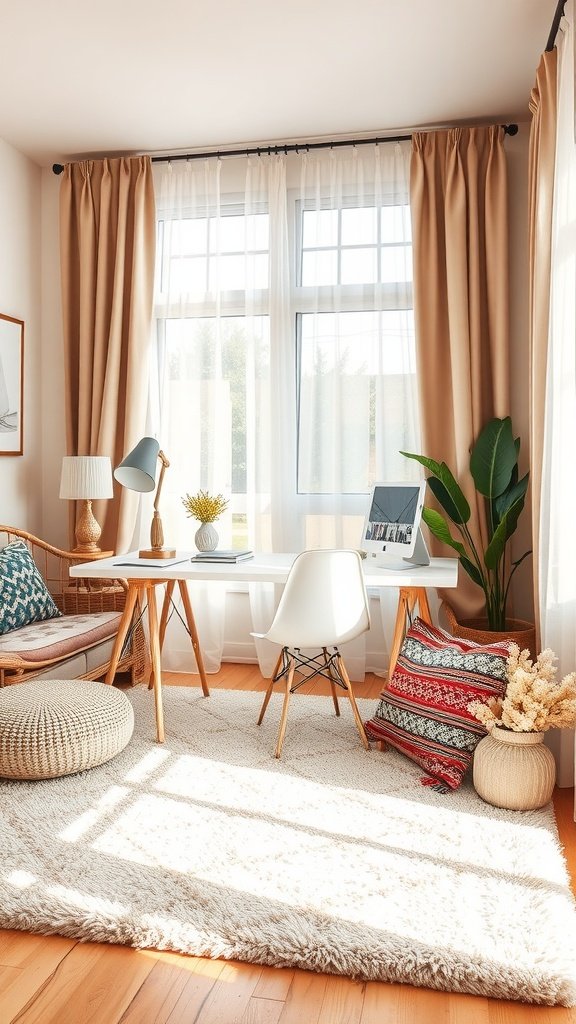 A cozy small home office with beige walls, a desk, soft textiles, and natural light.