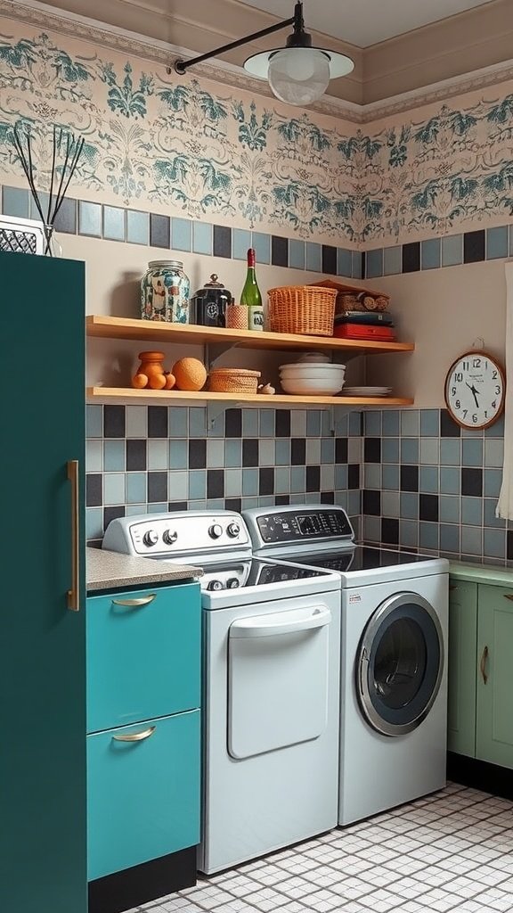 A stylish vintage-inspired laundry room featuring a rose gold washer and dryer with wooden shelves.