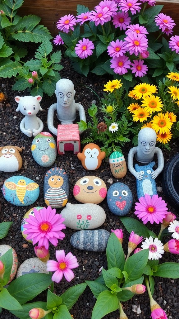 Colorful painted stones and whimsical figures among vibrant flowers in a garden.