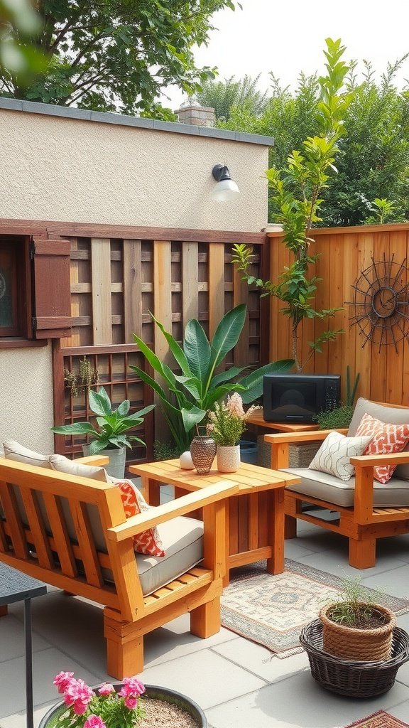Cozy small garden patio with pallet furniture and plants.