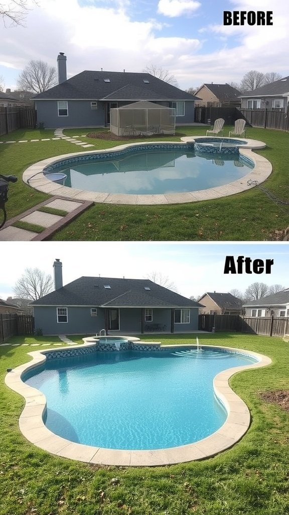 A before and after image of a backyard pool renovation.