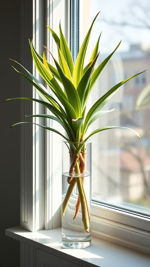 A Dracaena plant in a clear vase filled with water, sitting on a windowsill.