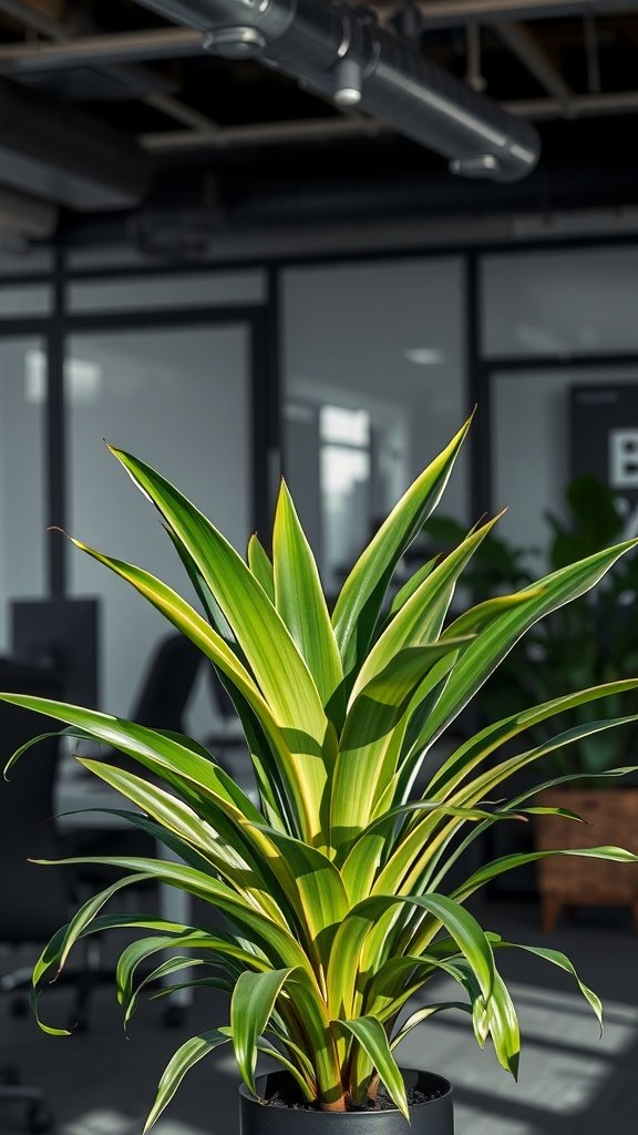 A vibrant Dracaena plant in a modern office setting.