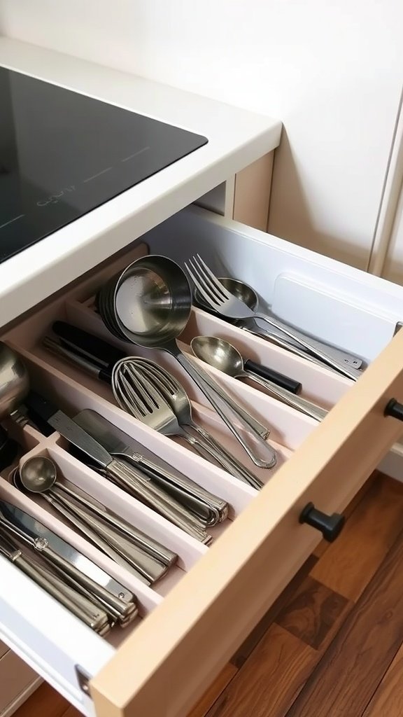 Organized kitchen drawer with dividers holding various utensils.