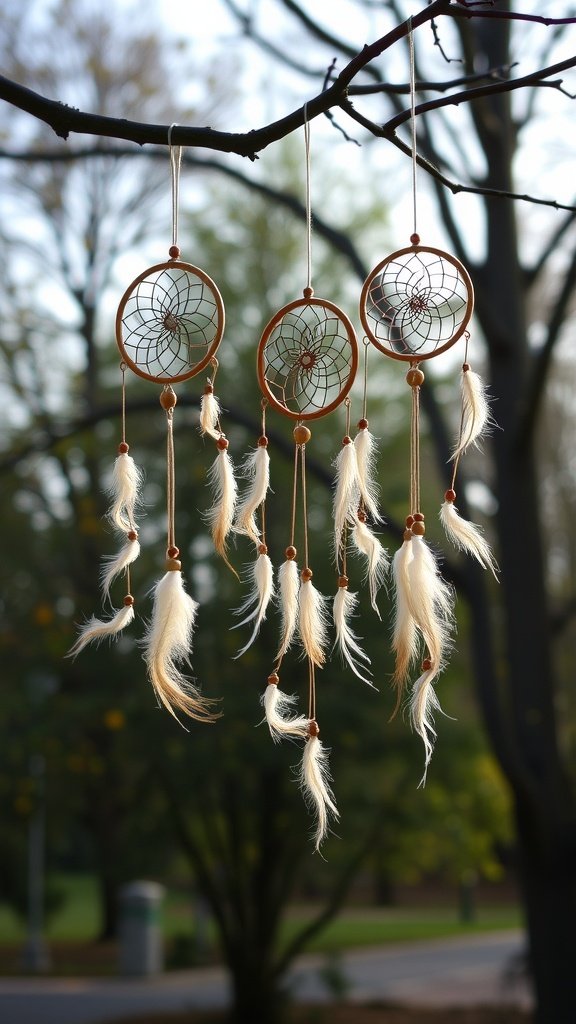 Three dreamcatchers hanging from a tree branch in a garden setting.