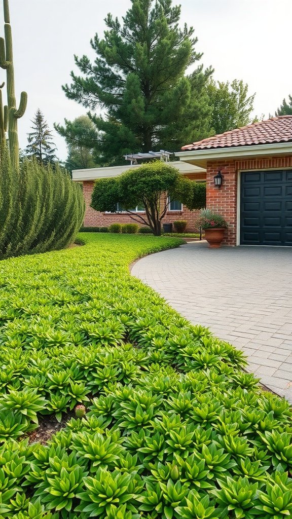 A neat landscape with green ground cover plants along a driveway, showing a low-maintenance and drought-resistant outdoor space.