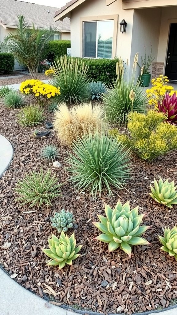 A modern front yard featuring a variety of drought-tolerant plants and colorful flowers.