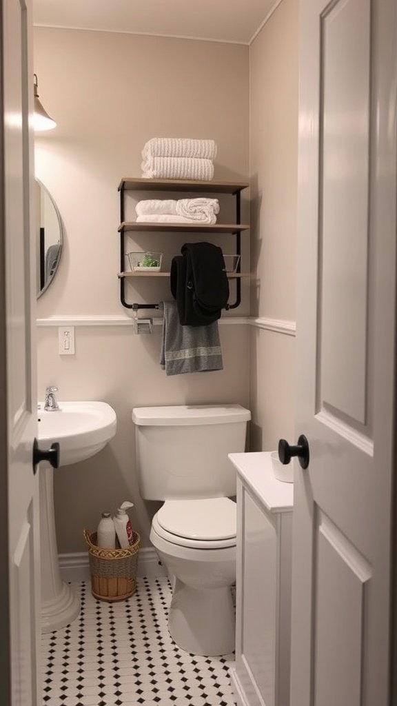 A stylish half bathroom with a small sink, toilet, and shelves displaying towels.