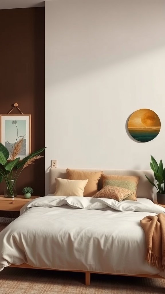 A cozy bedroom with earthy tones and natural decor.