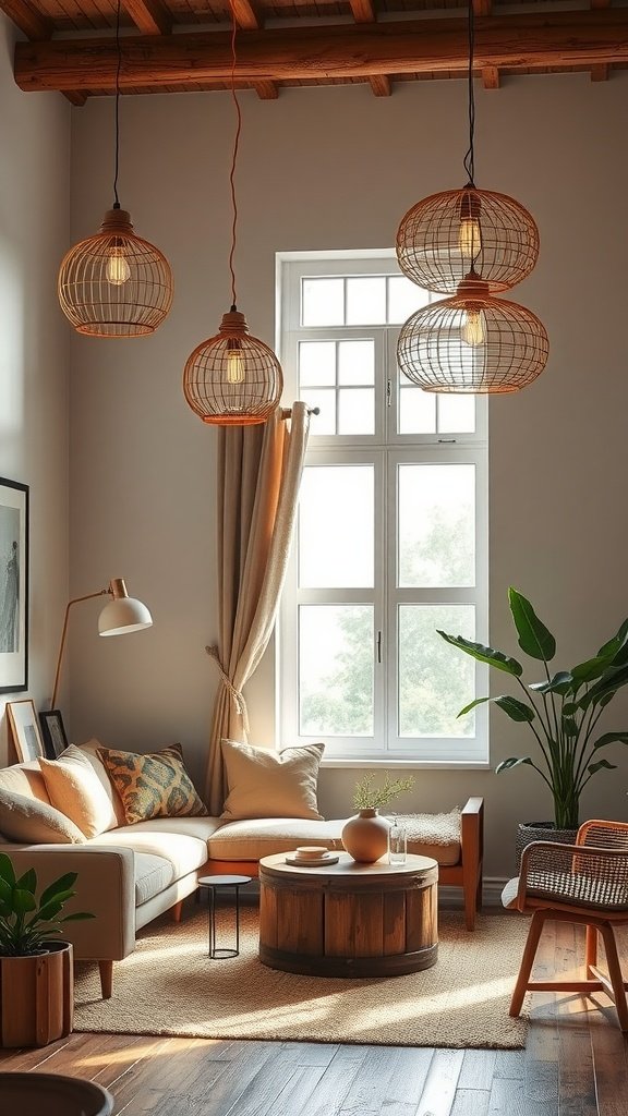 A beautifully styled earthy living room with woven pendant lights and an olive couch.