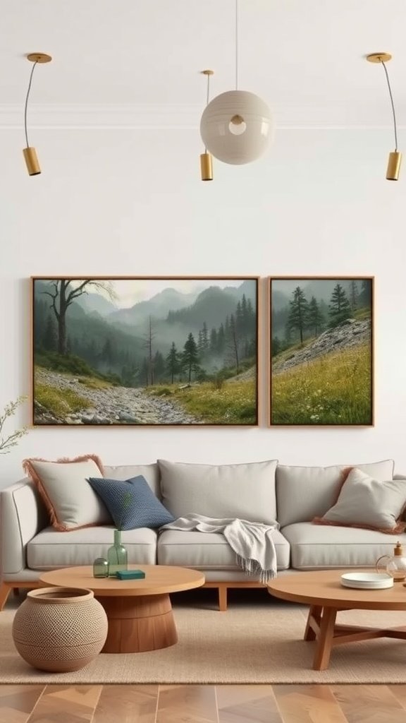 A minimalist traditional living room featuring an olive couch and landscape paintings on the wall.
