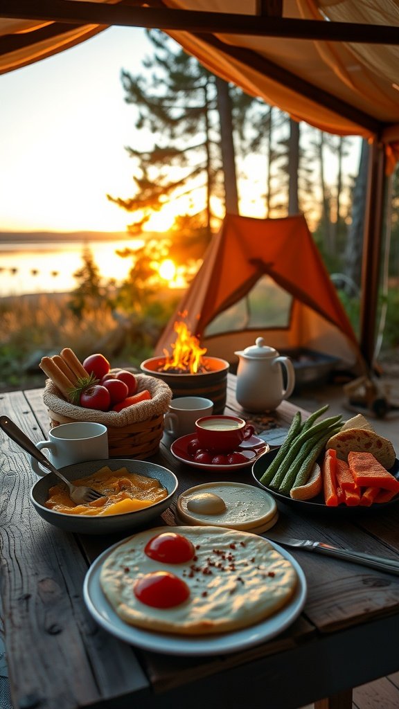 A scenic camping breakfast setup with eggs, vegetables, and coffee by a fire.