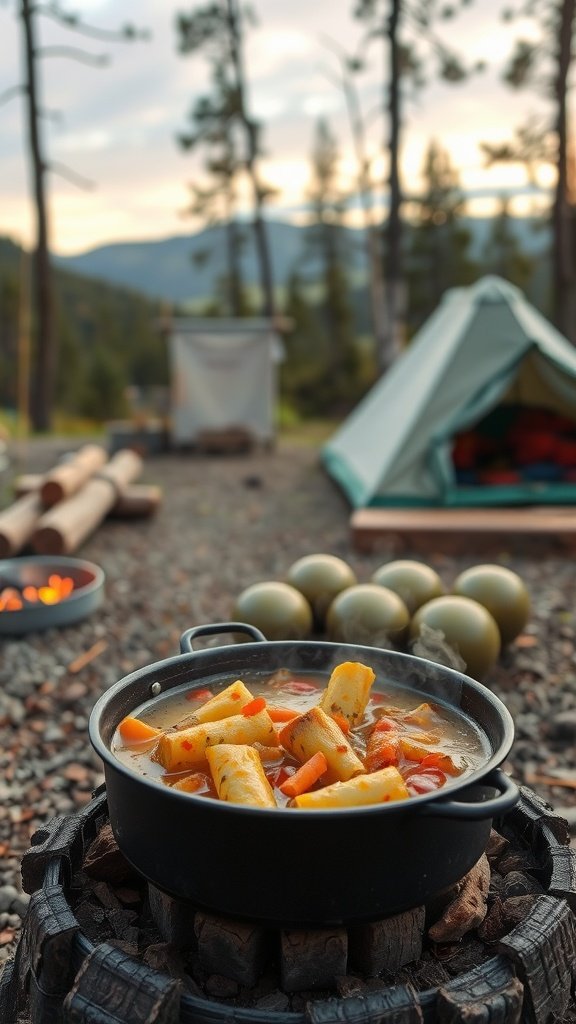 A pot of stew cooking over a campfire in a beautiful outdoor setting.