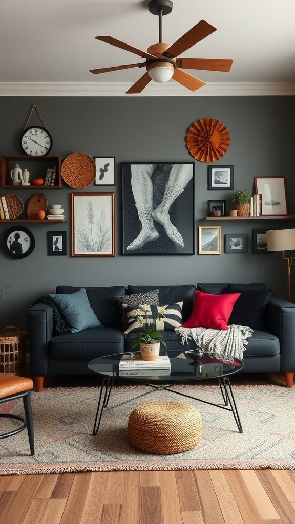 A stylish living room with an eclectic decor featuring a blue sofa, colorful pillows, and various wall art.