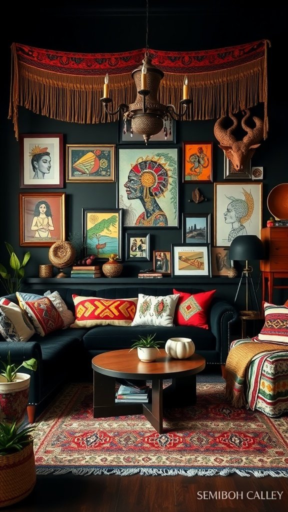 A stylish living room featuring a black wall, eclectic decor, and a warm atmosphere.